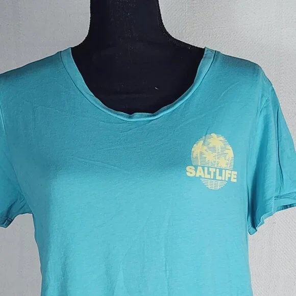 Salt Life Live Salty Pastel Green Yellow Cotton Cap Sleeve Palm Promenade Tee M - Picture 2 of 16